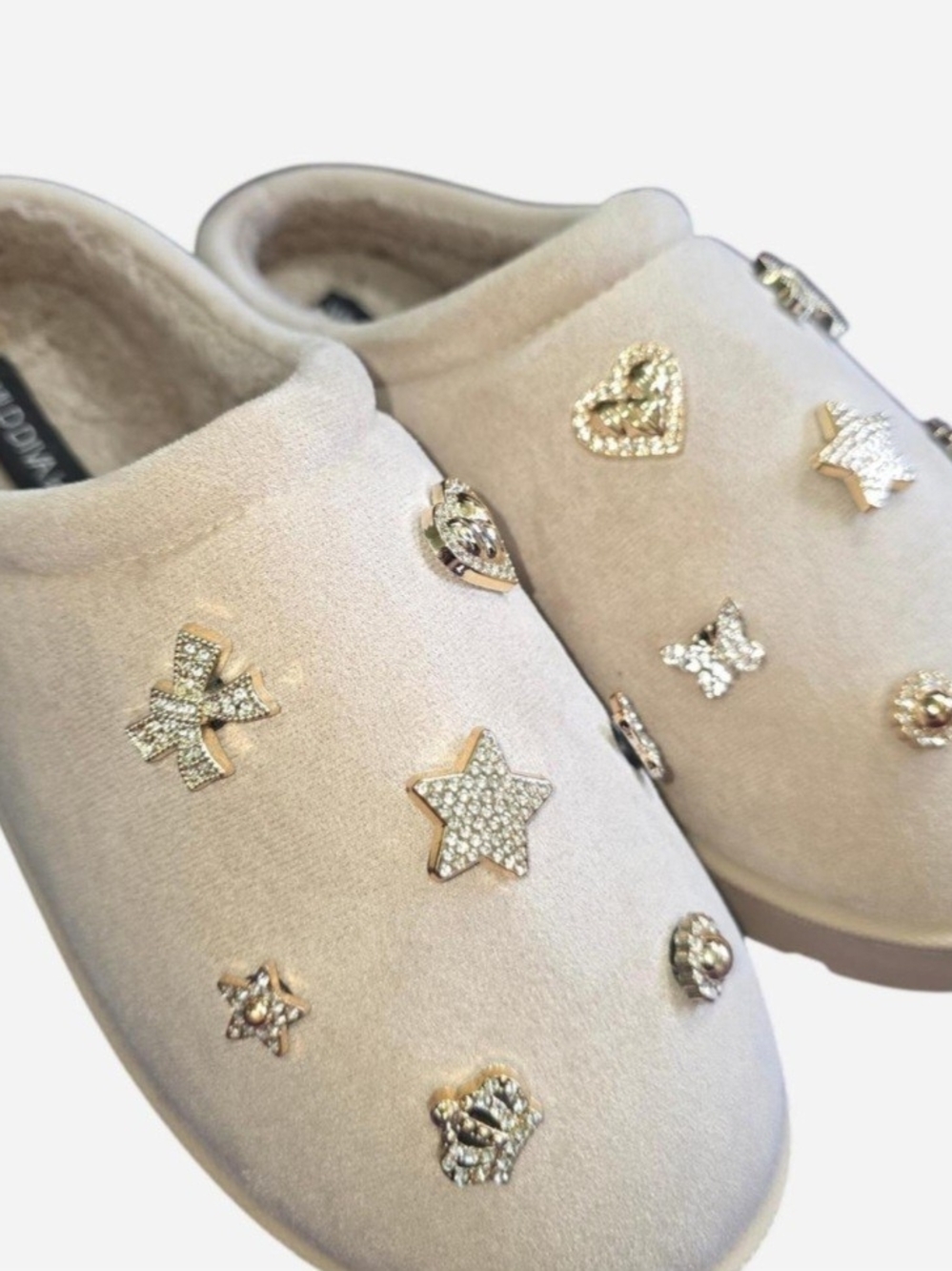 Women’s Embellished Beige Slip-On Slippers with Crystal Accents